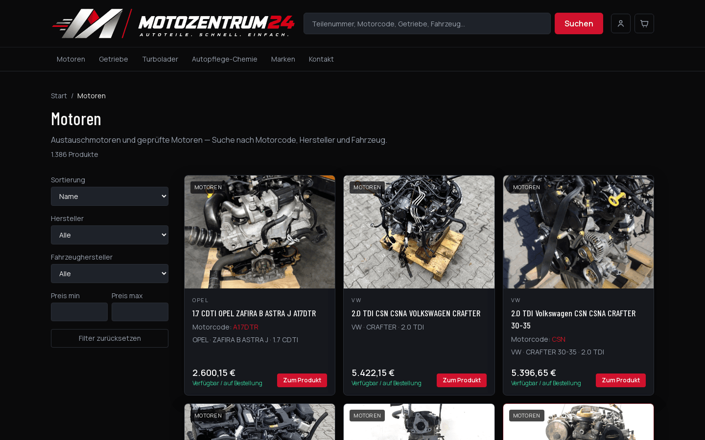 Motozentrum24 — lista silników z filtrami, zdjęciami, kodem silnika i ceną